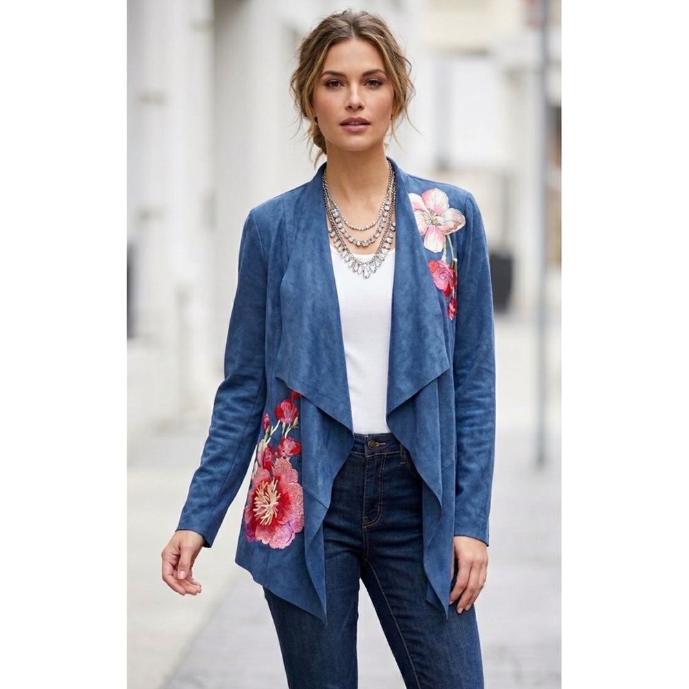 V Christina Floral Embroidered Waterfall Open Front Suede Cardigan- Large